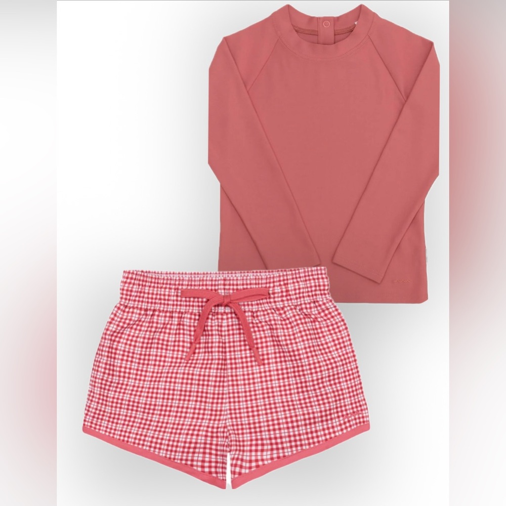 Minnow swim boys poppy gingham boardie and rash guard size 6M